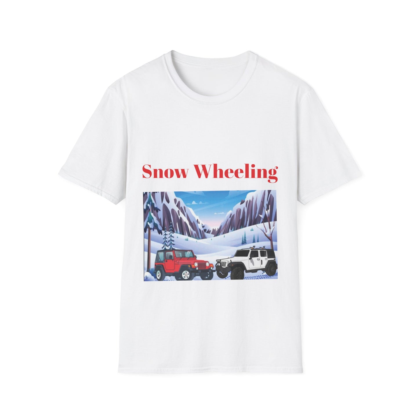 Snow Wheeling with Lucy T-Shirt, Off Roading Adventure Apparel, Colorado Jeep Lover Shirt, Mountain Desert Travel Tee, Unisex Softstyle Top
