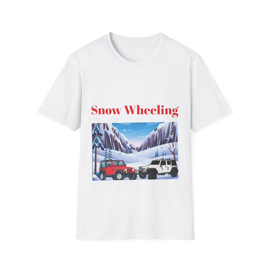 Snow Wheeling with Lucy T-Shirt, Off Roading Adventure Apparel, Colorado Jeep Lover Shirt, Mountain Desert Travel Tee, Unisex Softstyle Top