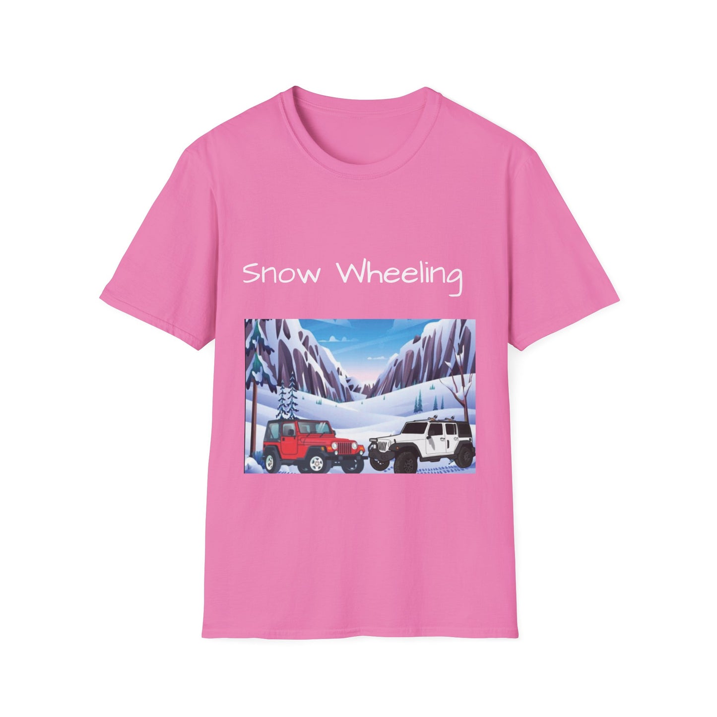 Snow Wheeling with Lucy T-Shirt, Off Roading Adventure Apparel, Colorado Jeep Lover Shirt, Mountain Desert Travel Tee, Unisex Softstyle Top
