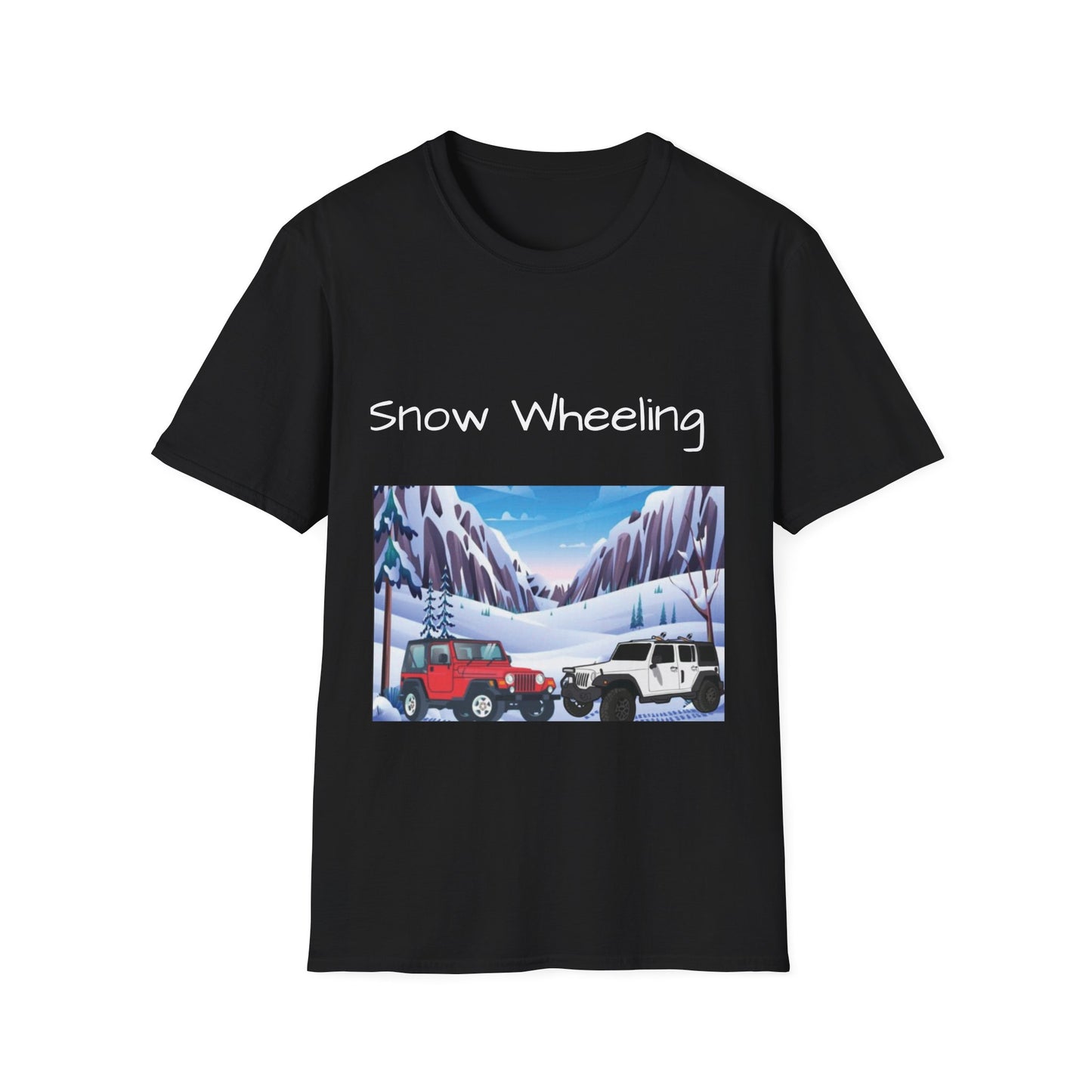 Snow Wheeling with Lucy T-Shirt, Off Roading Adventure Apparel, Colorado Jeep Lover Shirt, Mountain Desert Travel Tee, Unisex Softstyle Top