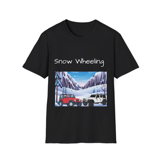 Snow Wheeling with Lucy T-Shirt, Off Roading Adventure Apparel, Colorado Jeep Lover Shirt, Mountain Desert Travel Tee, Unisex Softstyle Top
