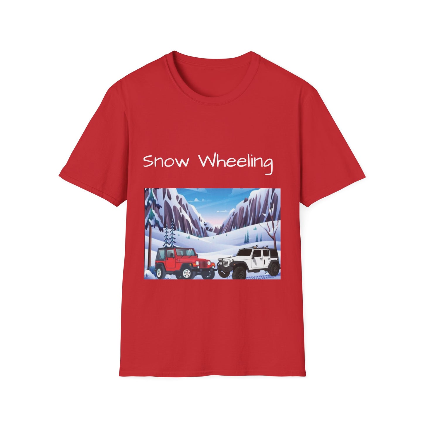 Snow Wheeling with Lucy T-Shirt, Off Roading Adventure Apparel, Colorado Jeep Lover Shirt, Mountain Desert Travel Tee, Unisex Softstyle Top